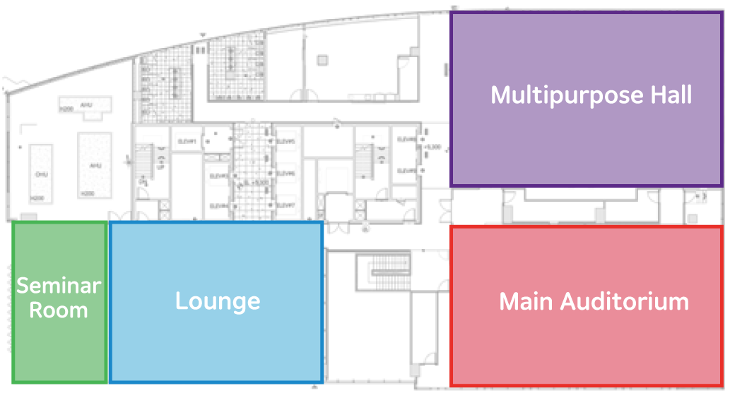 3F venue floor plan (Main Auditorium, Lounge, Seminar Room, Multipurpose Hall)